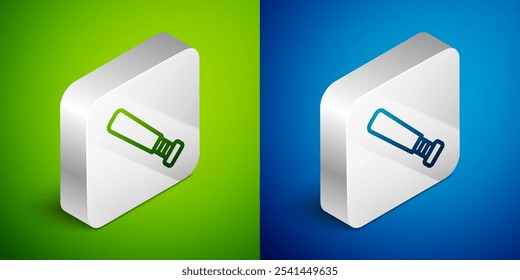 Isometric line Baseball bat icon isolated on green and blue background. Silver square button. Vector