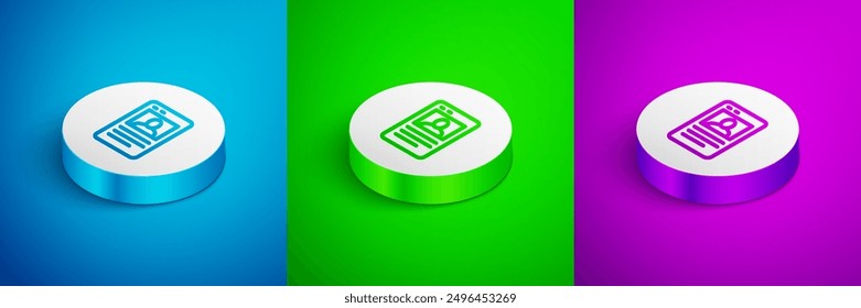 Isometric line Baseball card icon isolated on blue, green and purple background. White circle button. Vector