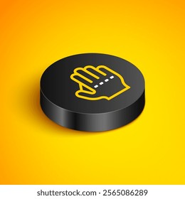 Isometric line Baseball glove icon isolated on yellow background. Black circle button. Vector