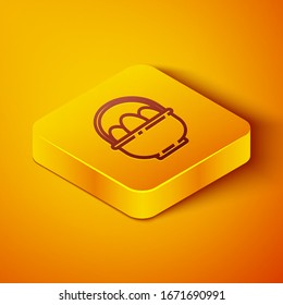 Isometric line Basket with easter eggs icon isolated on orange background. Happy Easter. Yellow square button. Vector Illustration