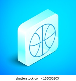 Isometric line Basketball ball icon isolated on blue background. Sport symbol. Silver square button. Vector Illustration