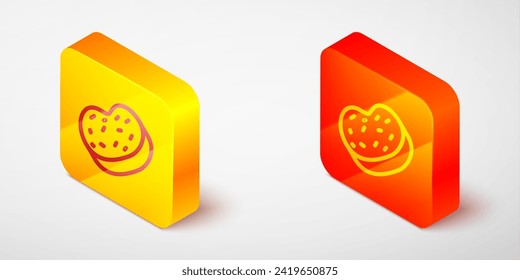 Isometric line Bath sponge icon isolated on grey background. Sauna sponge. Yellow and orange square button. Vector
