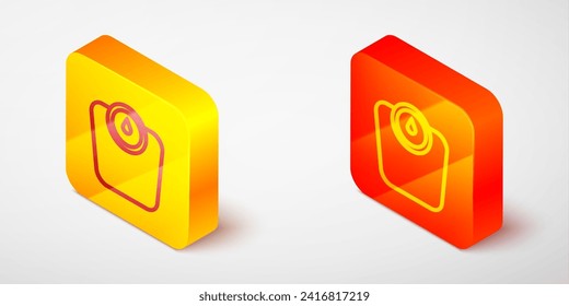Isometric line Bathroom scales icon isolated on grey background. Weight measure Equipment. Weight Scale fitness sport concept. Yellow and orange square button. Vector