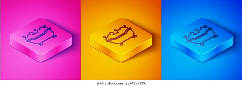 Línea isométrica Bañera con burbujas de espuma dentro del icono aislado en fondo rosa y naranja, azul. Botón cuadrado. Vector