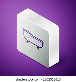 Isometric line Bathtub icon isolated on purple background. Silver square button. Vector Illustration