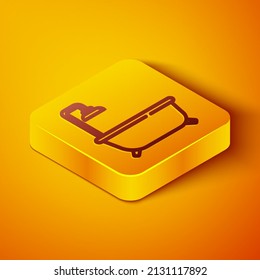 Isometric line Bathtub with shower icon isolated on orange background. Yellow square button. Vector