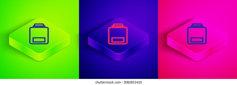 Línea isométrica Icono indicador del nivel de carga de la batería aislado en fondo verde, azul y rosa. Botón cuadrado. Vector