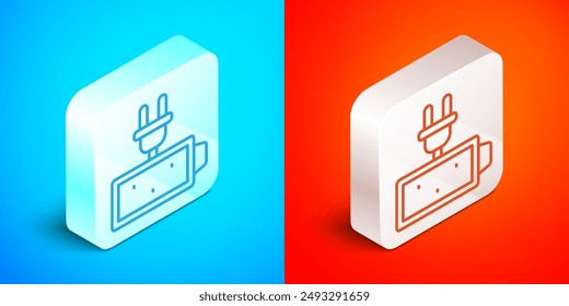Isometric line Battery charge level indicator icon isolated on blue and red background. Silver square button. Vector