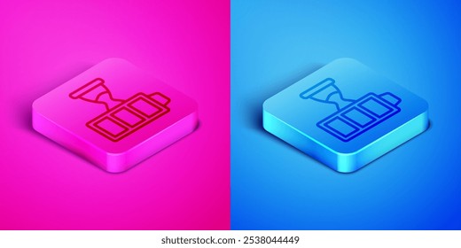 Isometric line Battery charge level indicator icon isolated on pink and blue background. Square button. Vector