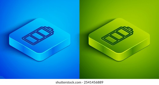 Linha isométrica Ícone indicador do nível de carga da bateria isolado no fundo azul e verde. Botão quadrado. Vetor