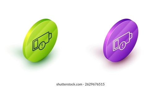 Isometric line Battery charge level indicator icon isolated on white background. Green and purple circle buttons. Vector