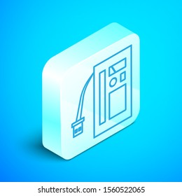 Isometric line Battery icon isolated on blue background. Accumulator battery energy power and electricity accumulator battery. Silver square button. Vector Illustration
