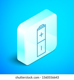 Isometric line Battery icon isolated on blue background. Lightning bolt symbol. Silver square button. Vector Illustration