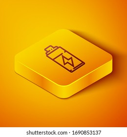 Isometric line Battery icon isolated on orange background. Lightning bolt symbol. Yellow square button. Vector Illustration