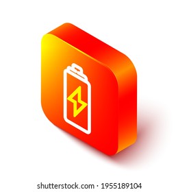 Isometric line Battery icon aislado en fondo blanco. Símbolo de rayo. Botón cuadrado naranja. Ilustración vectorial