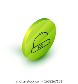 Isometric line Beanie hat icon isolated on white background. Green circle button. Vector Illustration
