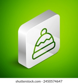 Isometric line Beanie hat icon isolated on green background. Silver square button. Vector