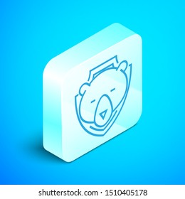 Isometric line Bear head on shield icon isolated on blue background. Hunting trophy on wall. Silver square button. Vector Illustration