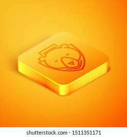 Isometric line Bear head on shield icon isolated on orange background. Hunting trophy on wall. Orange square button. Vector Illustration