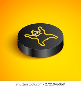 Linha isométrica Urso ícone da pele isolado no fundo amarelo. Botão círculo preto. Vetor
