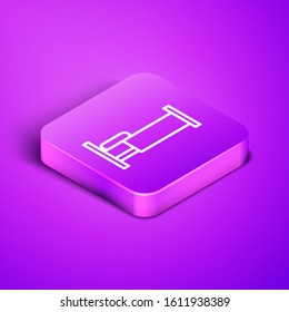 Isometric line Bed icon isolated on purple background. Purple square button. Vector Illustration