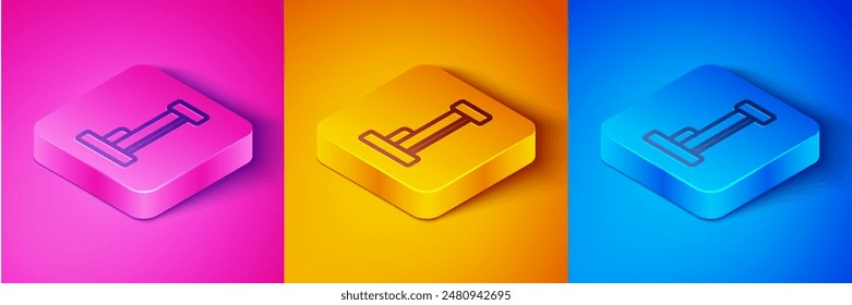Línea isométrica Icono de cama aislado en rosa y naranja, fondo azul. Botón cuadrado. Vector