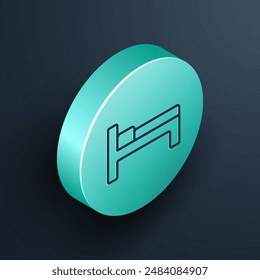 Línea isométrica Icono de cama aislado sobre fondo negro. Botón circular turquesa. Ilustración vectorial