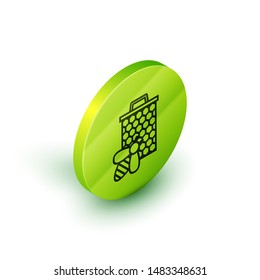 Isometric line Bee and honeycomb icon isolated on white background. Honey cells. Sweet natural food. Honeybee or apis with wings symbol. Flying insect. Green circle button. Vector Illustration