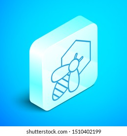Isometric line Bee and honeycomb icon isolated on blue background. Honey cells. Honeybee or apis with wings symbol. Flying insect. Sweet natural food. Silver square button. Vector Illustration