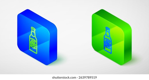 Isometric line Beer bottle with clover trefoil leaf icon isolated on grey background. Happy Saint Patricks day. National Irish holiday. Blue and green square button. Vector