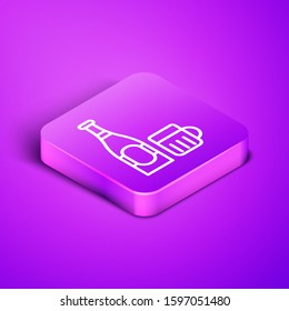 Isometric line Beer bottle and glass icon isolated on purple background. Alcohol Drink symbol. Purple square button. Vector Illustration