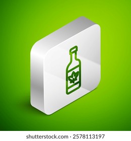 Isometric line Beer bottle icon isolated on green background. Silver square button. Vector