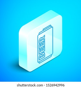 Isometric line Beer can icon isolated on blue background. Silver square button. Vector Illustration