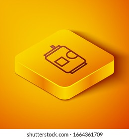 Isometric line Beer can icon isolated on orange background. Yellow square button. Vector Illustration