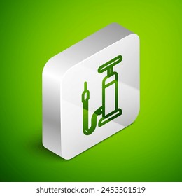 Isometric line Bicycle air pump icon isolated on green background. Silver square button. Vector