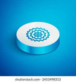 Isometric line Bicycle cassette mountain bike icon isolated on blue background. Rear Bicycle Sprocket. Chainring crankset with chain. White circle button. Vector