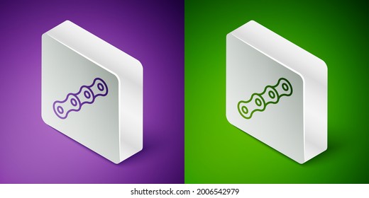 Isometric line Bicycle chain icon isolated on purple and green background. Bike chain sprocket transmission. Silver square button. Vector