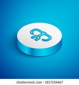 Isometric line Bicycle handlebar icon isolated on blue background. White circle button. Vector.