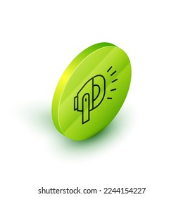 Isometric line Bicycle head lamp icon isolated on white background. Cycling road sport night ride light. Green circle button. Vector