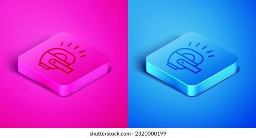 Isometric line Bicycle head lamp icon isolated on pink and blue background. Cycling road sport night ride light. Square button. Vector