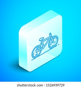 Isometric line Bicycle icon isolated on blue background. Bike race. Extreme sport. Sport equipment. Silver square button. Vector Illustration