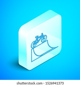 Isometric line Bicycle on street ramp icon isolated on blue background. Skate park. Extreme sport. Sport equipment. Silver square button. Vector Illustration