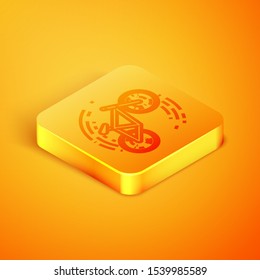 Isometric line Bicycle trick icon isolated on orange background. Bike race. Extreme sport. Sport equipment. Orange square button. Vector Illustration