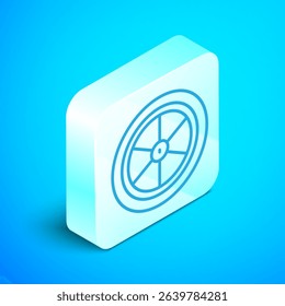 Isometric line Bicycle wheel icon isolated on blue background. Bike race. Extreme sport. Sport equipment. Silver square button. Vector