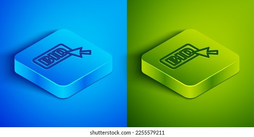 Isometric line Bid icono aislado en fondo azul y verde. Oferta de subastas. Venta y compradores. Botón cuadrado. Vector
