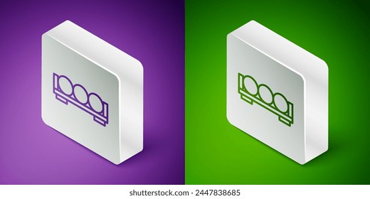 Isometric line Billiard balls on a stand icon isolated on purple and green background. Billiard balls on a shelf. Silver square button. Vector