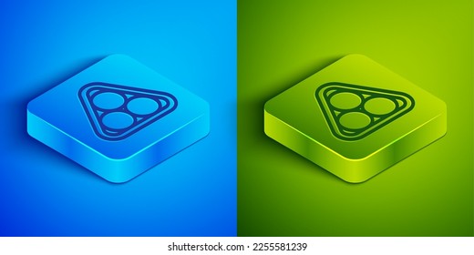 Isometric line Billiard balls in a rack triangle icon isolated on blue and green background. Square button. Vector Illustration