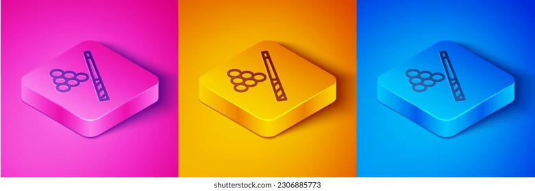 Isometric line Billiard cue and ball icon isolated on pink and orange, blue background. Square button. Vector