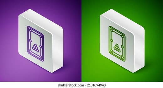 Isometric line Billiard table icon isolated on purple and green background. Pool table. Silver square button. Vector