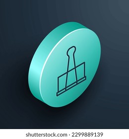 Isometric line Binder clip icon isolated on black background. Paper clip. Turquoise circle button. Vector Illustration